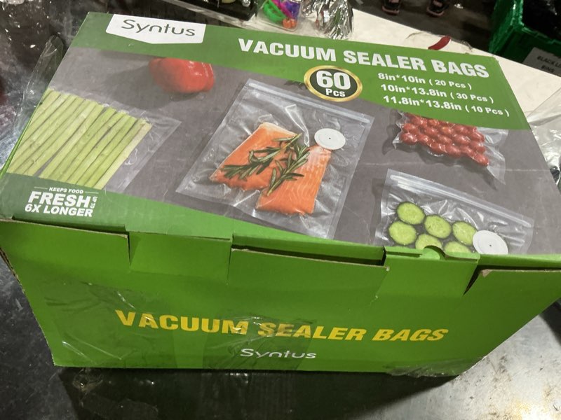 Condition photo showing Good Condition for syntus vacuum sealer bags for food, 60 pcs (s+m+l) 8" x 10" and 10" x 13.8" and 11.8" x 13.8" food storage bags for sous vide cooking microwave heating, air valve zipper bags 60 s+m+l