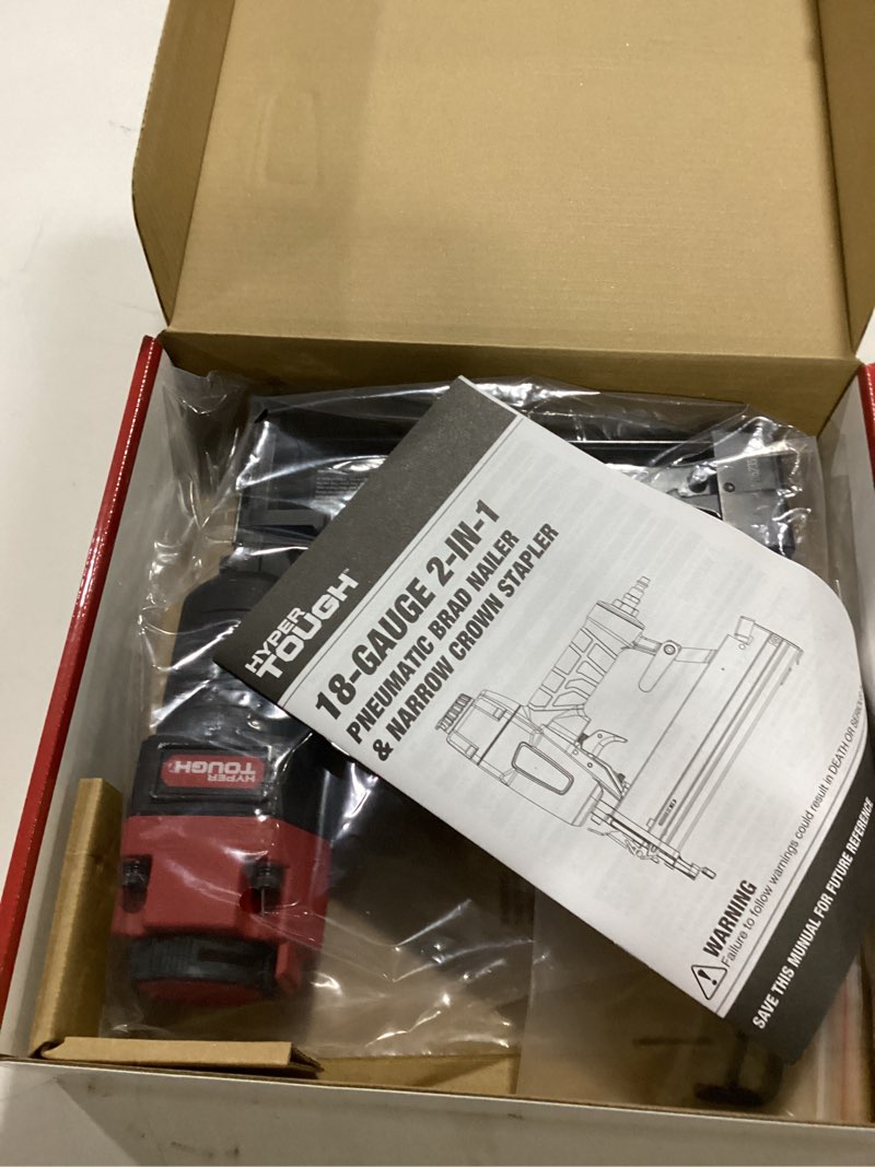 Condition photo showing New/Like New for hyper tough 18 gauge 2-in-1 pneumatic 2-inch brad nailer and 1/4-inch narrow crown stapler