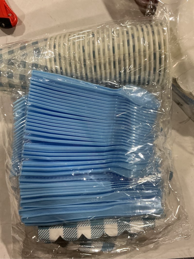 Condition photo showing New/Like New for 175-Piece blue Gingham Party Supplies Set | Disposable Plates, Napkins, Cups, Cutlery for 25 Guests |Stylish Wedding Birthday Party Decorations (blue)