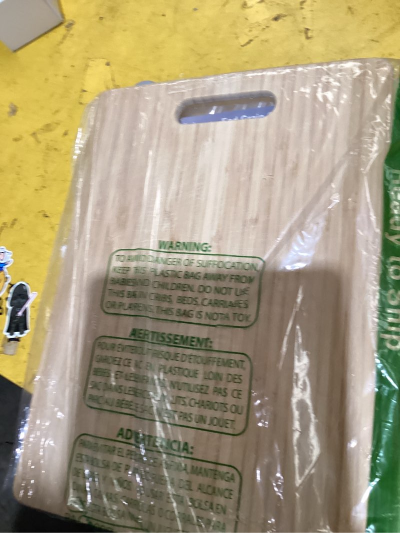 Condition photo showing As Is for vevor cutting board 3 pieces, premium versatile bamboo cutting board, food-grade oil and juice groove,sturdy durable chopping board, built-in handle, wooden for display chopping serving