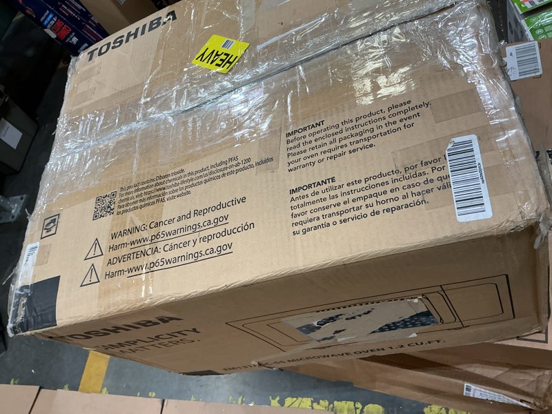 Condition photo showing As Is for toshiba em131a5c-ss countertop microwave ovens 1.2 cu ft with 12.4" removable turntable smart humidity sensor, 12 auto menus mute function eco mode easy clean interior, 1000w, silver 1.20 cu.ft