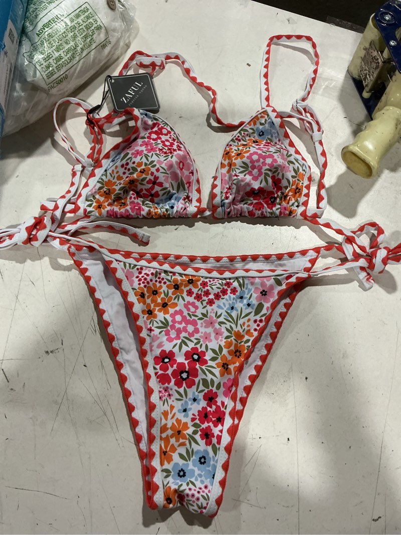 Condition photo showing Good Condition for zaful women's triangle bikini tie side whip stitch string bikini two piece swimsuit bathing suits small 2-coral pink