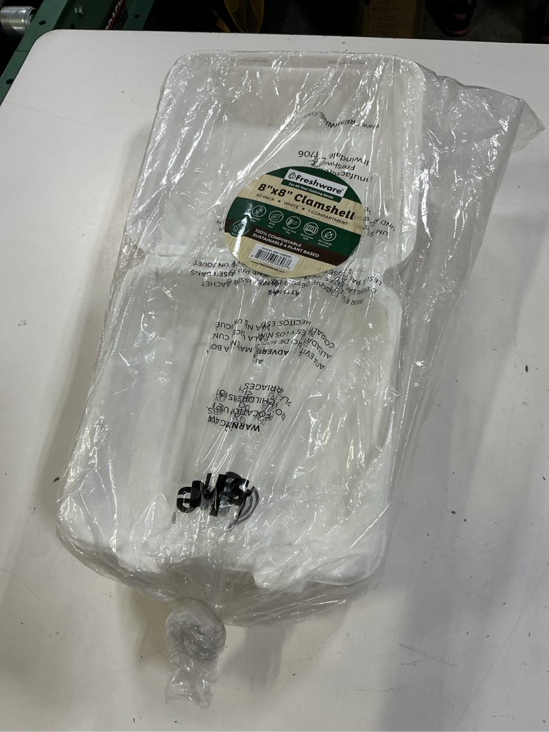 Condition photo showing New/Like New for freshware compostable clamshell food containers - 8x8" 50-pack, biodegradable sugarcane to go boxes, heavy duty paper container - microwave & freezer safe, stackable 8 x 8 inch 50.0