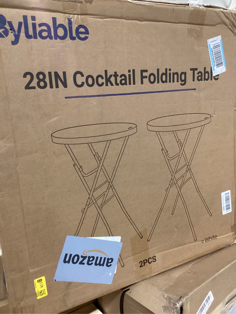 Condition photo showing Good Condition for cocktail table 28in folding round high top indoor outdoor with removable legs, tall bistro foldable bar height table for parties, patio, backyard, dining, wedding, white- 2pcs white 28''×43''/2pc