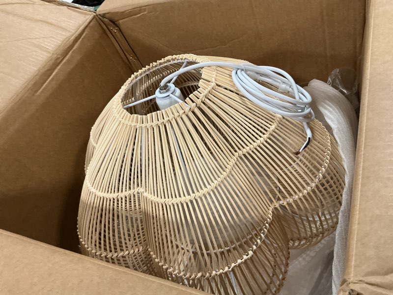 Condition photo showing As Is for Rattan Pendant Light Fixture 19.6" Adjustable Handwoven Farmhouse Boho Chandelier Lighting Coastal Hanging Light Lamp Shade Wicker Ceiling Light Lampshade for Kitchen Dining Living Room