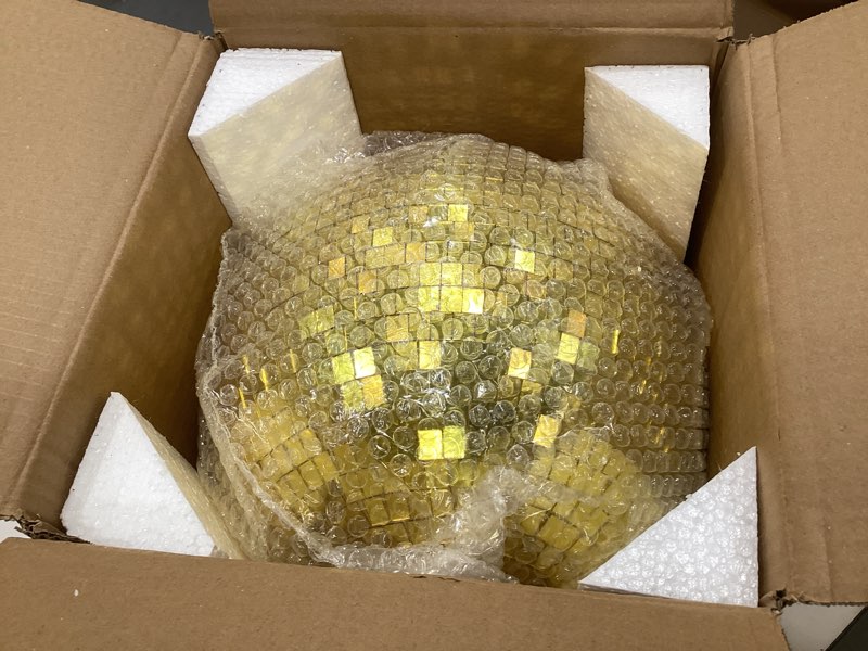 Condition photo showing As Is for 12-inch large disco ball with 20pcs replacement mirror, gold mirror ball disco ball decor for dj, club, parties, weddings, party events, gold large disco balls 12inch gold