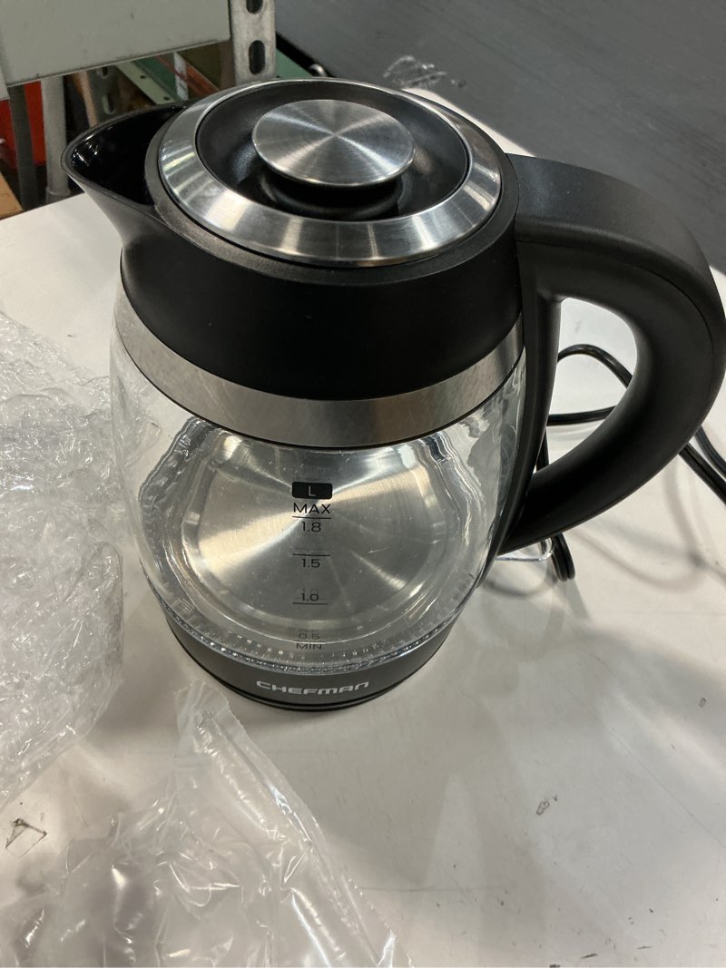 Condition photo showing Good Condition for Chefman Electric Kettle, 1.8L 1500W, Hot Water Boiler, Removable Lid for Easy Cleaning, Auto Shut Off, Boil-Dry Protection, Stainless Steel Filter, BPA Free, Borosilicate Glass Electric Tea Kettle Black