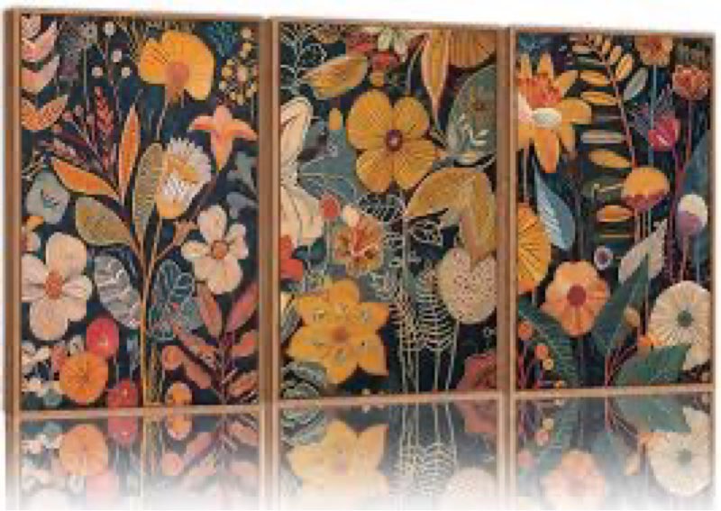 Tinonedraw Vintage Burnt Orange Floral Framed Canvas Wall Art Set of 3, Boho Chic Flower Artwork, Mi