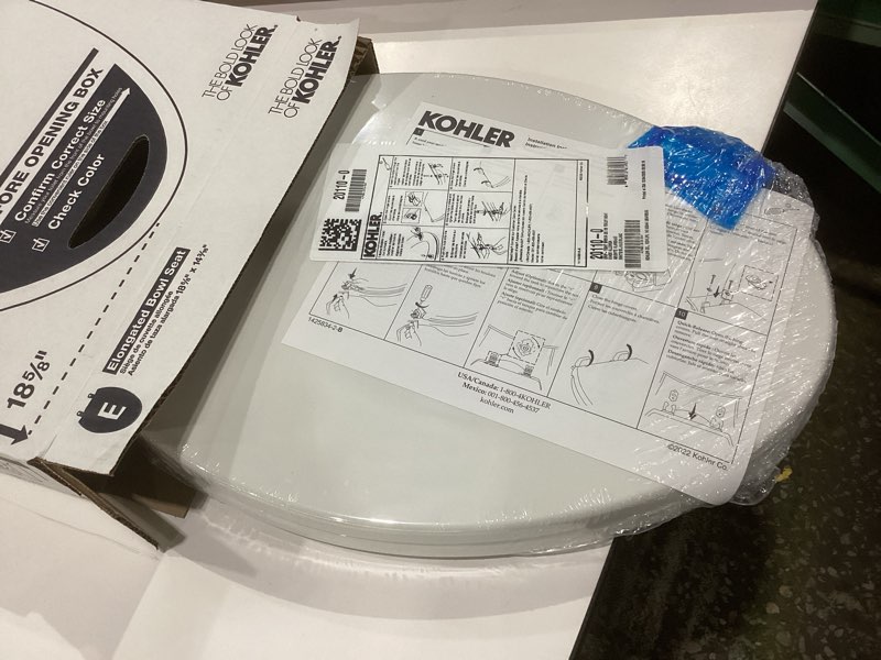 Condition photo showing New/Like New for KOHLER 20110-0 Brevia, Slow Close Toilet Seat, Elongated Toilet Seat, Grip-Tight Bumpers Quick-Attach Hardware, White White Elongated Quiet-Close