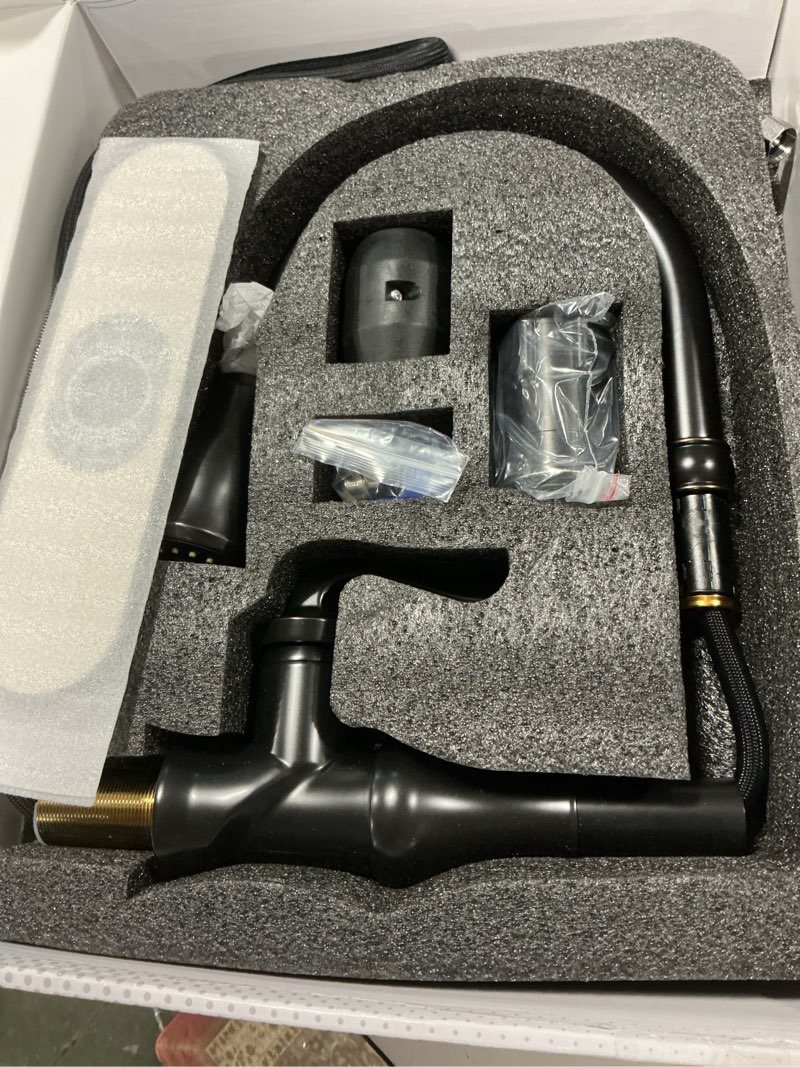 Condition photo showing Good Condition for BWE Kitchen Faucet with Pull Out Sprayer 3 Spray Modes Single Handle Singe Lever High Arc Kitchen Sink Faucet with Deck Plate Oil Rubbed Bronze Farmhouse Commercial Bar Kitchen Faucets