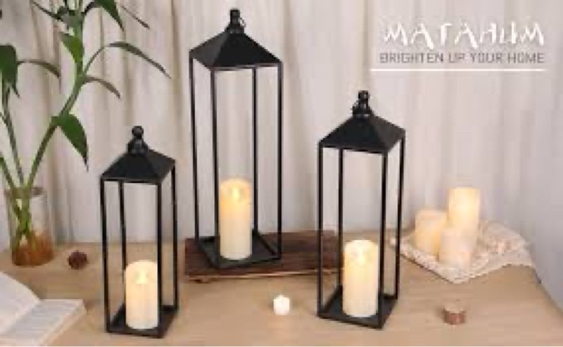 MATAHUM 22'' 19'' 17'' Lanterns Decorative Outdoor Indoor, Set of 3 Black Metal Candle Lanterns Chri