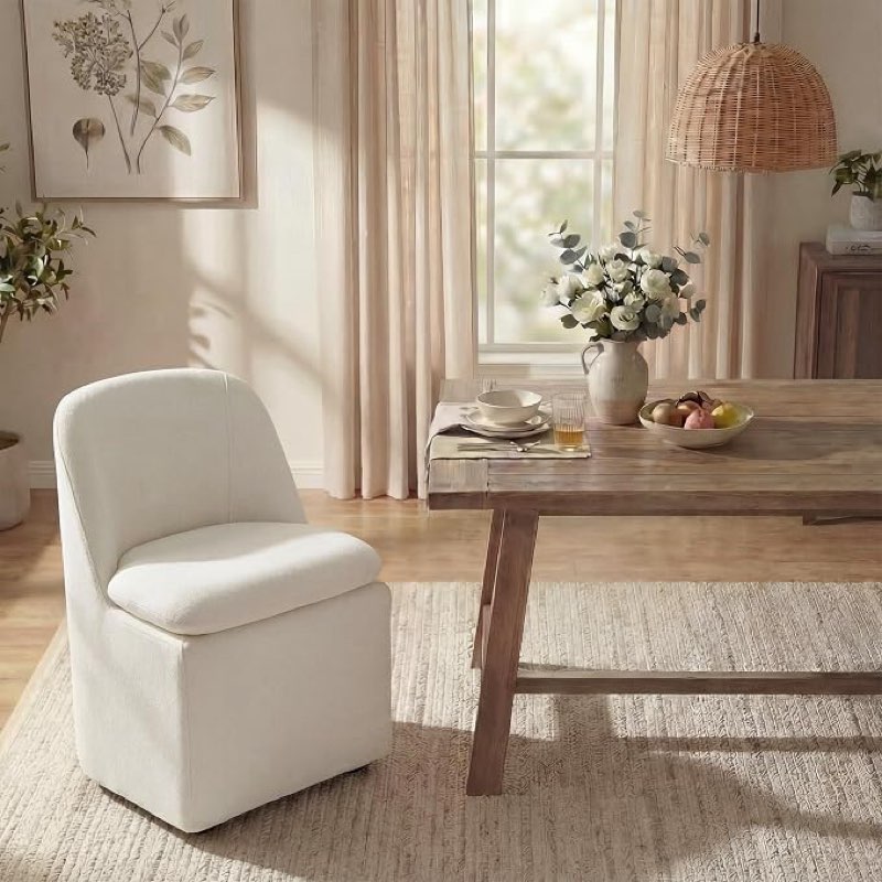 kislot upholstered dining chairs with casters, washable cover modern dining room chairs with thick cushion & sturdy metal frame for kitchen, living room, dressing room, beige fabric, set of 1
