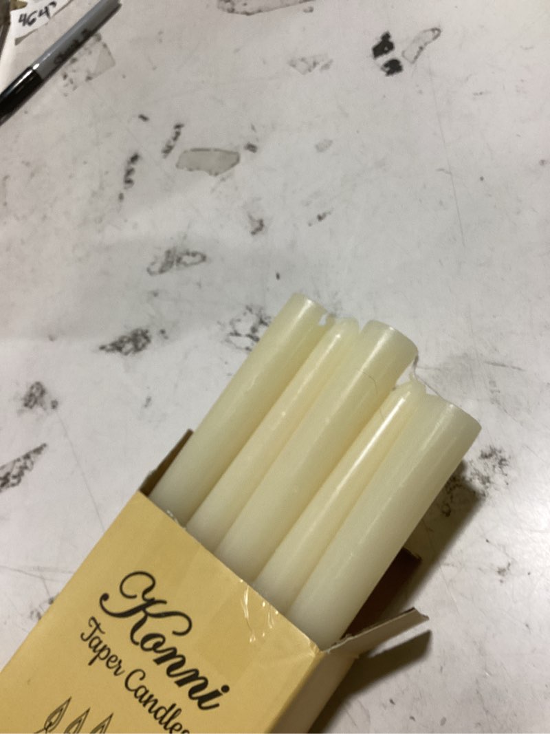Condition photo showing As Is for konni 0.87×10 inch ivory taper candles, unscented and smokeless tall candlesticks, 10 pack tapered candles with cotton wicks, long burning, ideal for weddings, dinner parties, and home décor