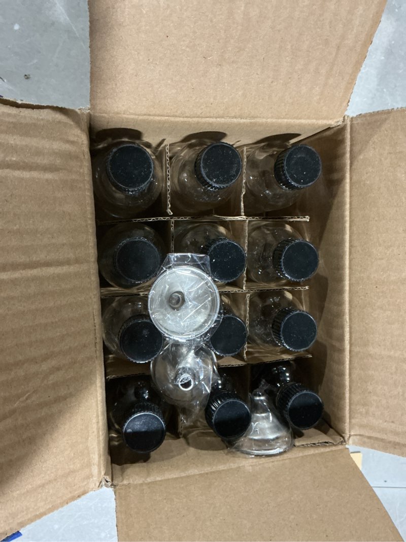Condition photo showing Good Condition for 12 pack, 2 oz small clear glass bottles w/lid & 3 funnels - 60ml boston shot bottles for health, immunity, potion, wellness, sample, ginger, juice - mini personal care & beauty travel bottle