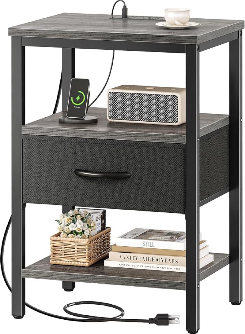 SUPERJARE Nightstand with Charging Station, Bed Side Table with Adjustable Fabric Drawer, Night Stand for Bedroom, 3-Tier Storage End Table, for Living Room, Charcoal Gray SUPERJARE Nightstand with Charging Station, Bed Side Table with Adjustable Fabric Drawer, Night Stand for Bedroom, 3-Tier Storage End Table, for Living Room, Charcoal Gray