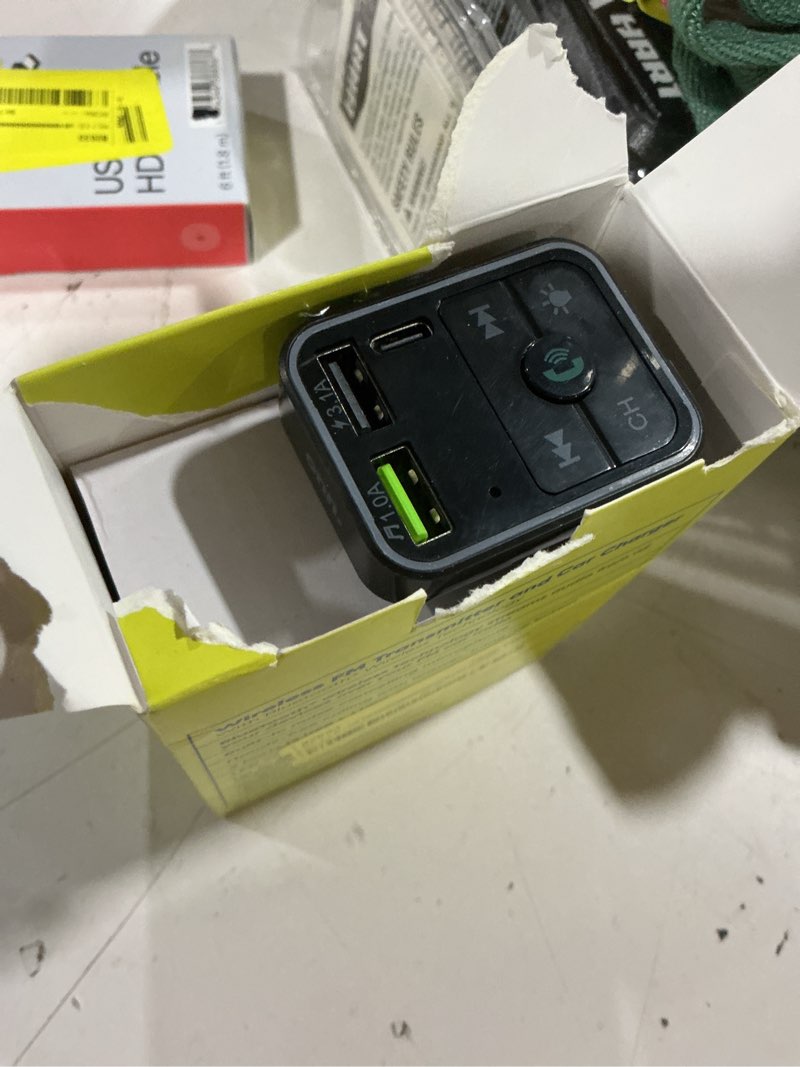 Condition photo showing As Is for onn. bluetooth led fm transmitter car charger with lcd screen