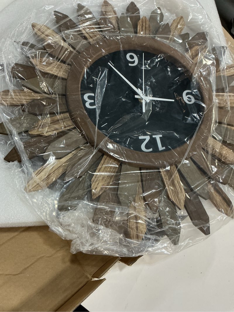 Condition photo showing Good Condition for Honiway Large Wall Clock Battery Operated 21 in Rustic Wood Boho Sunburst Decorative Wall Clock Silent Non Ticking Farmhouse Wall Clocks for Living Room Bedroom Kitchen Bathroom Decor (Tricolor) Tricolor 21 inch