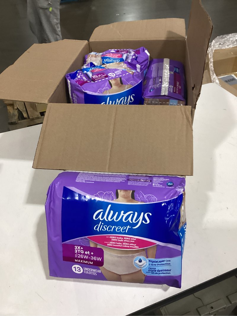 Condition photo showing As Is for always discreet reimagined adult diapers for women, maximum absorbency incontinence and postpartum underwear size 3x+, up to 100% leak free bladder leak protection, 52 count?