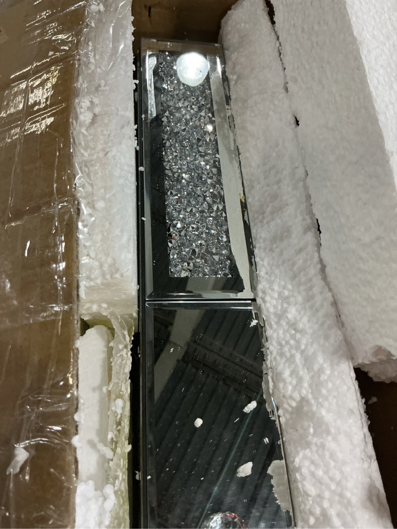 Condition photo showing As Is for crystal diamond mirrored wall shelf with drawer-31.5" silver mirror crushed glass floating shelf for bedroom, living room, vanity, entryway-glam art deco display shelf (can also rest on table) one drawer 31.5" l×7.9" w×3.1" h