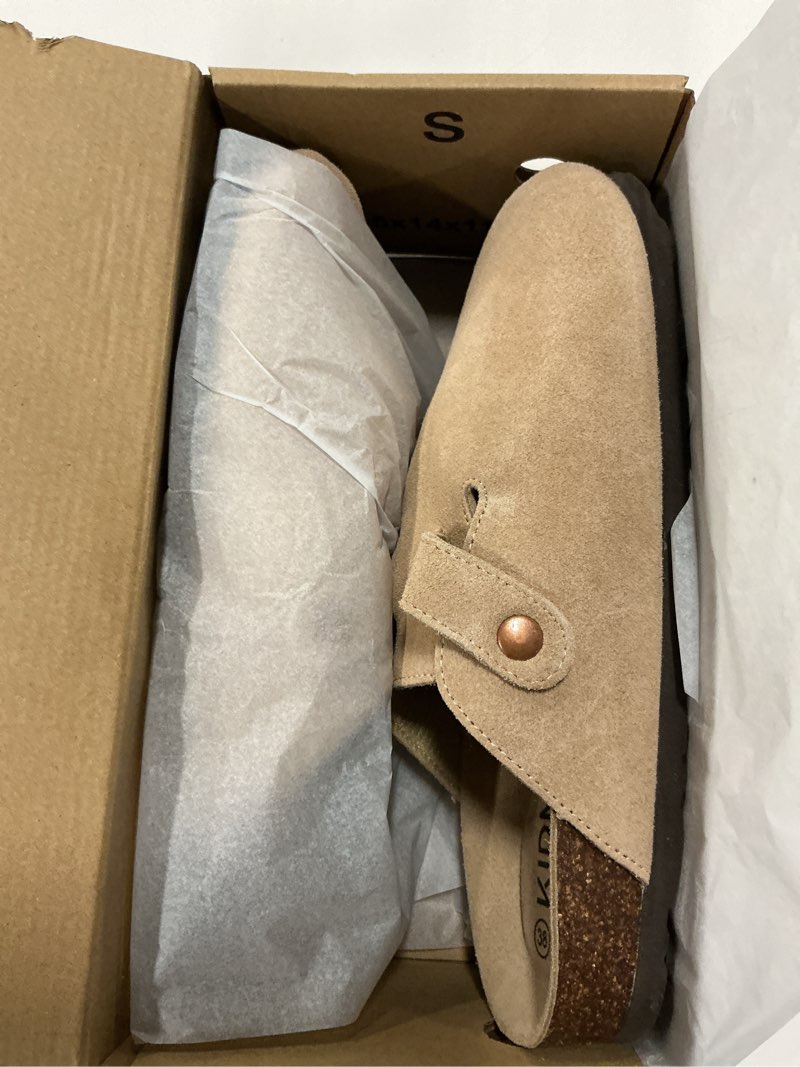 Condition photo showing New/Like New for KIDMI Women's Suede Clogs Leather Mules Cork Footbed Sandals Potato Shoes with Arch Support size 38