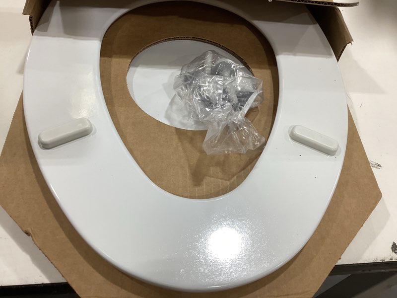 Condition photo showing As Is for bemis 1500ec 390 lift-off wood elongated toilet seat, cotton white (pack of 1) elongated basic