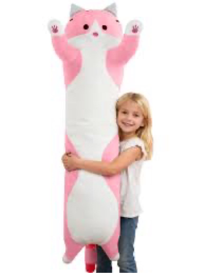 Cute Cat Plush Long Body Pillow – Soft Cartoon Stuffed Animal Doll, Kawaii Cat Plushie Cuddle Toy Gift for Kids, Girls & Girlfriend (Pink, 35.4 Inch)
