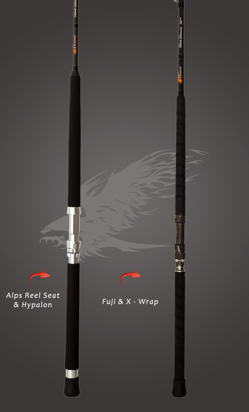 phenix rods black diamond spinning / 9' / 2 pc / 15-40 lb line rating/fast taper action/fuji alconite guides/fuji dps reel seat/hypalon & x-wrap handle