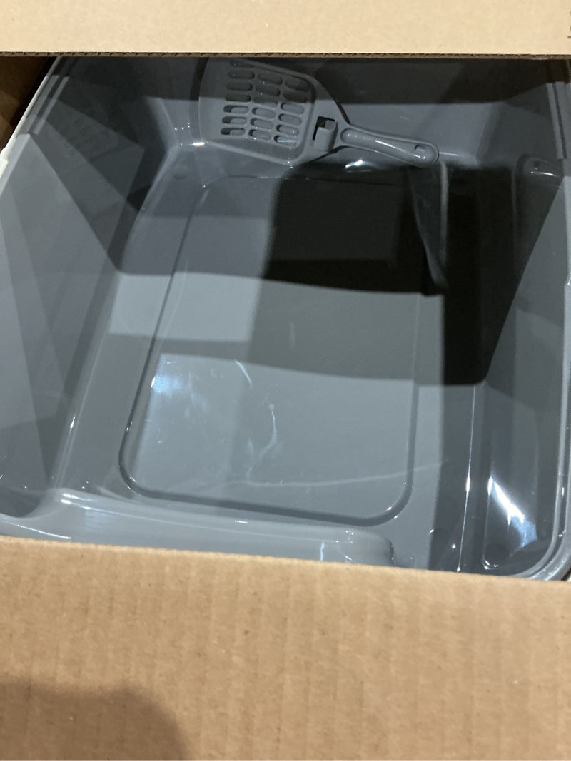 Condition photo showing Good Condition for amazon basics large cat litter box with high sides, open top, includes scoop, 19 x 15 x 11.75 inches, grey/beige