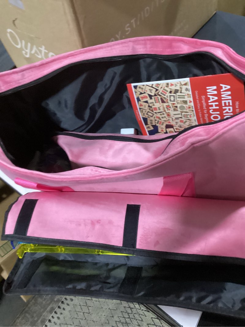Condition photo showing As Is for aomercare american mahjong tiles set, 166 white tiles, 4 color racks & pushers, complete western mahjong set with blue carrying bag for beginners & experts (pink)