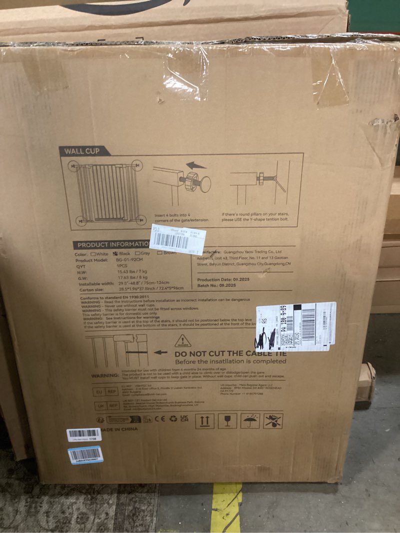 Condition photo showing New/Like New for comomy 36" extra tall baby gate for stairs and doorways - fits 29.5" to 48.8" wide openings, auto close extra wide dog gate for house, pressure mounted easy walk through pet with door, black 36"tall 48.8"wide black