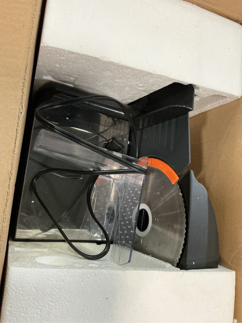 Condition photo showing As Is for Elite Gourmet EMT-625B Ultimate Precision Electric Deli Food Meat Slicer Removable Stainless Steel Blade, Adjustable Thickness, Ideal for Cold Cuts, Hard Cheese, Vegetables & Bread, 7.5”, Black Stainless Steel & Black