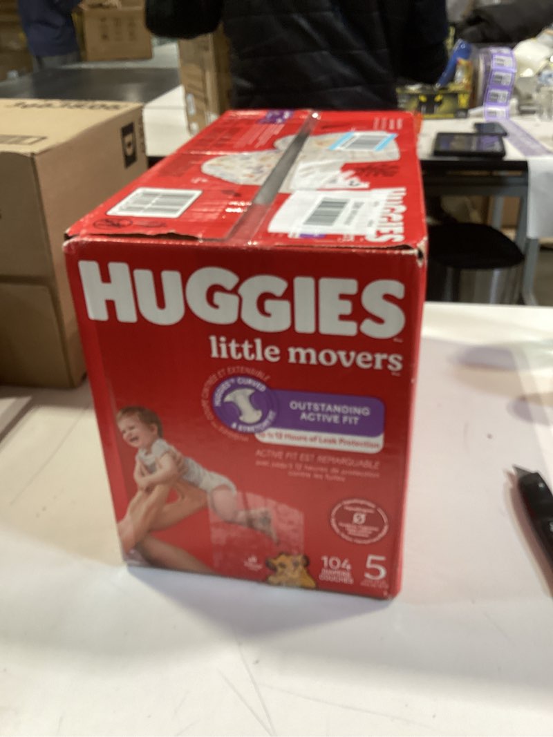 Condition photo showing New/Like New for huggies size 5 diapers, little movers baby diapers, size 5 (27+ lbs), 104 count, packaging may vary size 5 104