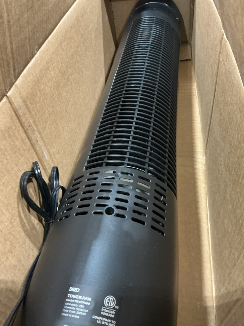 Condition photo showing As Is for dreo tower fan for bedroom, 90° oscillating fans that blow cold air, 5 speeds, 4 modes with 26ft/s velocity, 12h & 28db quiet timer, remote, touch, 40" standing floor fan for home office, black black standard