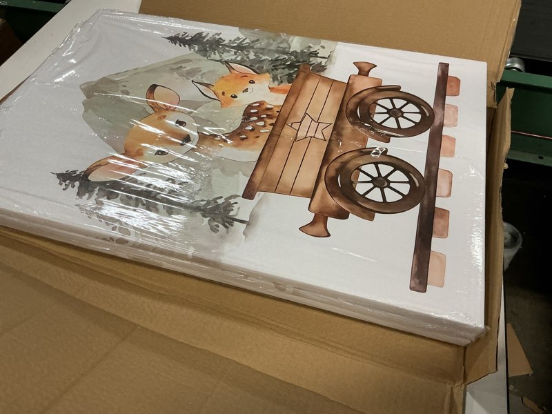 Condition photo showing New/Like New for 3Pcs Framed Woodland Animal Nursery Canvas Wall art Forest Wildlife Train Adventure Drawing Picture Wall Decor Fox Bear Deer Rabbit Owl Poster Printings for Boys Girls Room Home Decoration Colorful 16x24Canvas