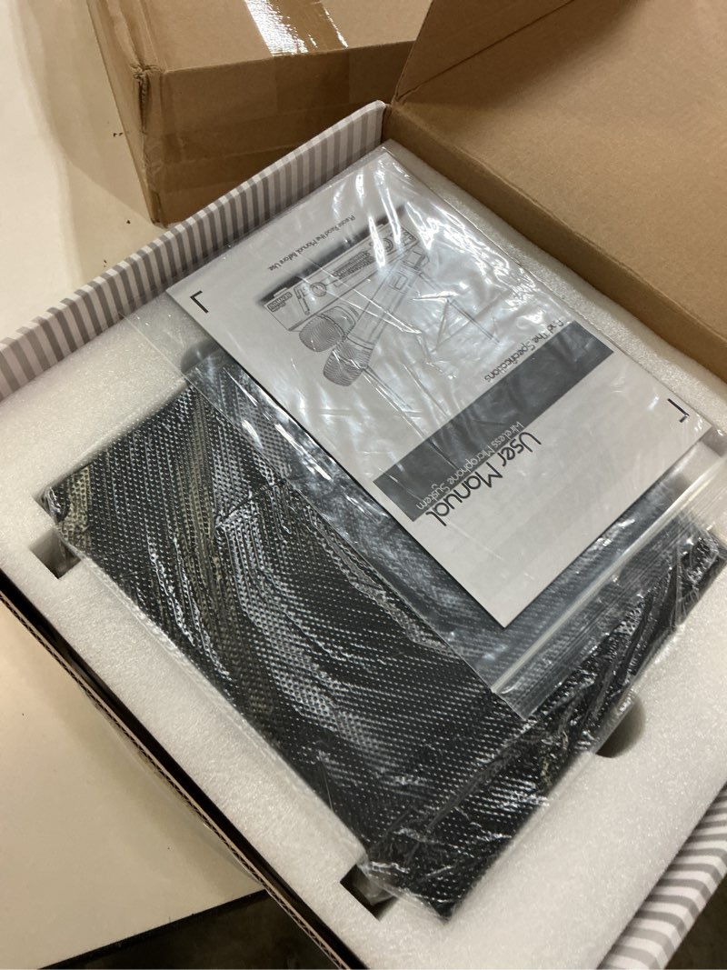 Condition photo showing New/Like New for dual-channel uhf wireless microphone system with auto scan & ir sync – 200 channels, 400ft range, cardioid mics, metal body, lcd display for live events, recording, stage performances
