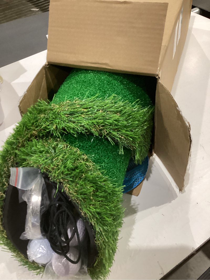 Condition photo showing As Is for floating golf green for pool, floating putting green for pool, lake with ball retriever & anti-drift ropes, golf chipping mat set for golfers to compete and improve their skills in outdoor