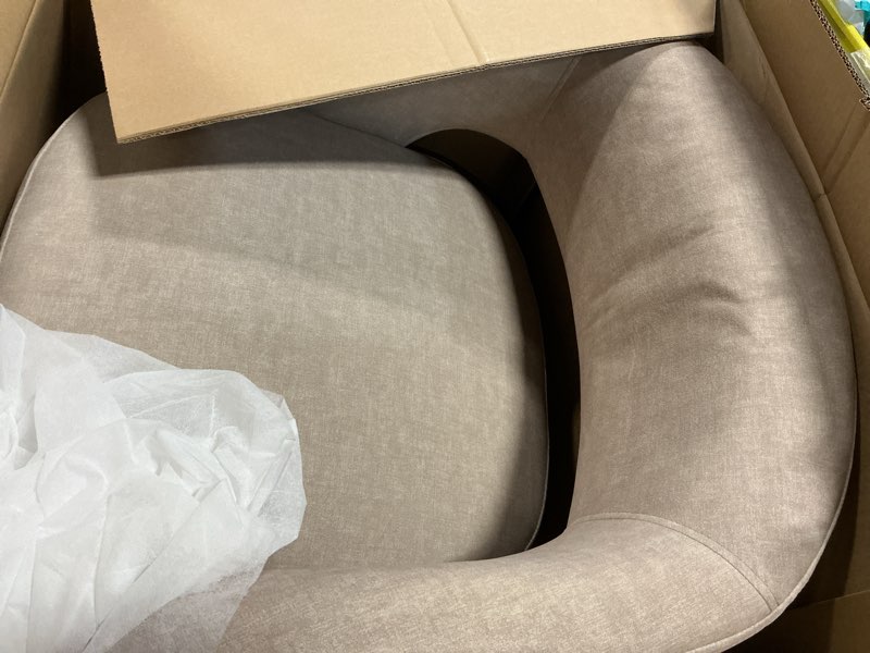 Condition photo showing Good Condition for Lexicon Mid-Century Modern Velvet Accent Chair with Open Back, Gold Metal Legs, Upholstered Curved Barrel Armchair for Living Room/Bedroom/Office, Easy Assembly, Taupe