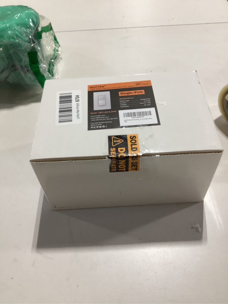 Condition photo showing New/Like New for BESTTEN 20 Pack Single Pole Decorator Light Switch with Screwless Wall Plate, Paddle Rocker Wall Switch,15A 120/277V, On/Off Interrupter, UL Listed, W Single Pole 20