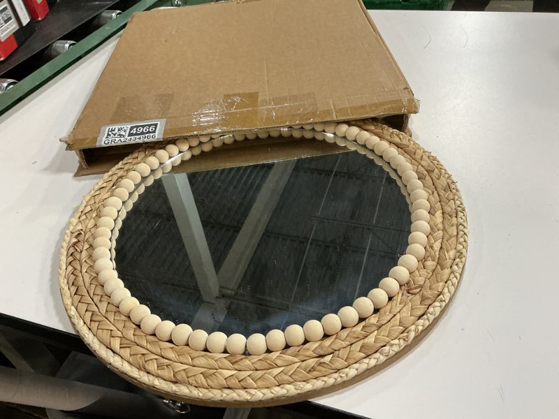 Condition photo showing Good Condition for SWTHONY 15 Inch Boho Round Hanging Wall Mirror Decorative Rattan Circle Mirrors for Farmhouse, Living Room, Bedroom 15 Inch Wood