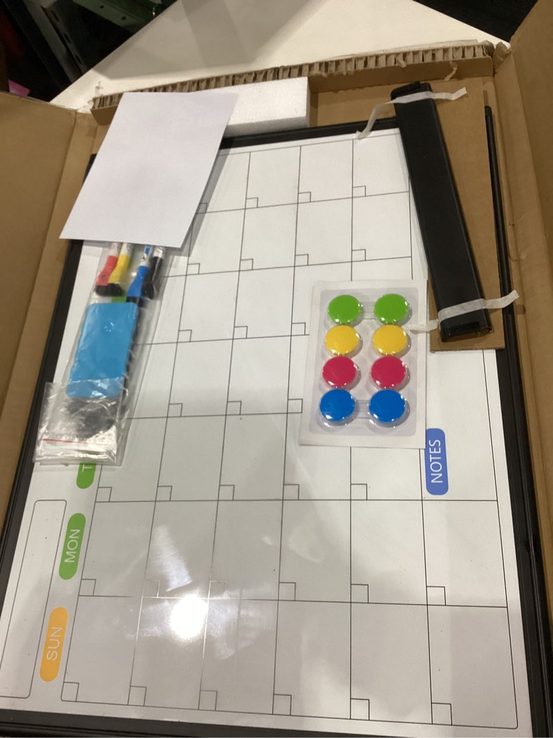 Condition photo showing New/Like New for Dry Erase Calendar Whiteboard for Wall, 24" x 18" Magnetic Monthly White Board Calendar with Black Aluminum Frame, Double-Sided Hanging Dry Erase Board for Office, Home, School Black Frame 24"W x 18"H