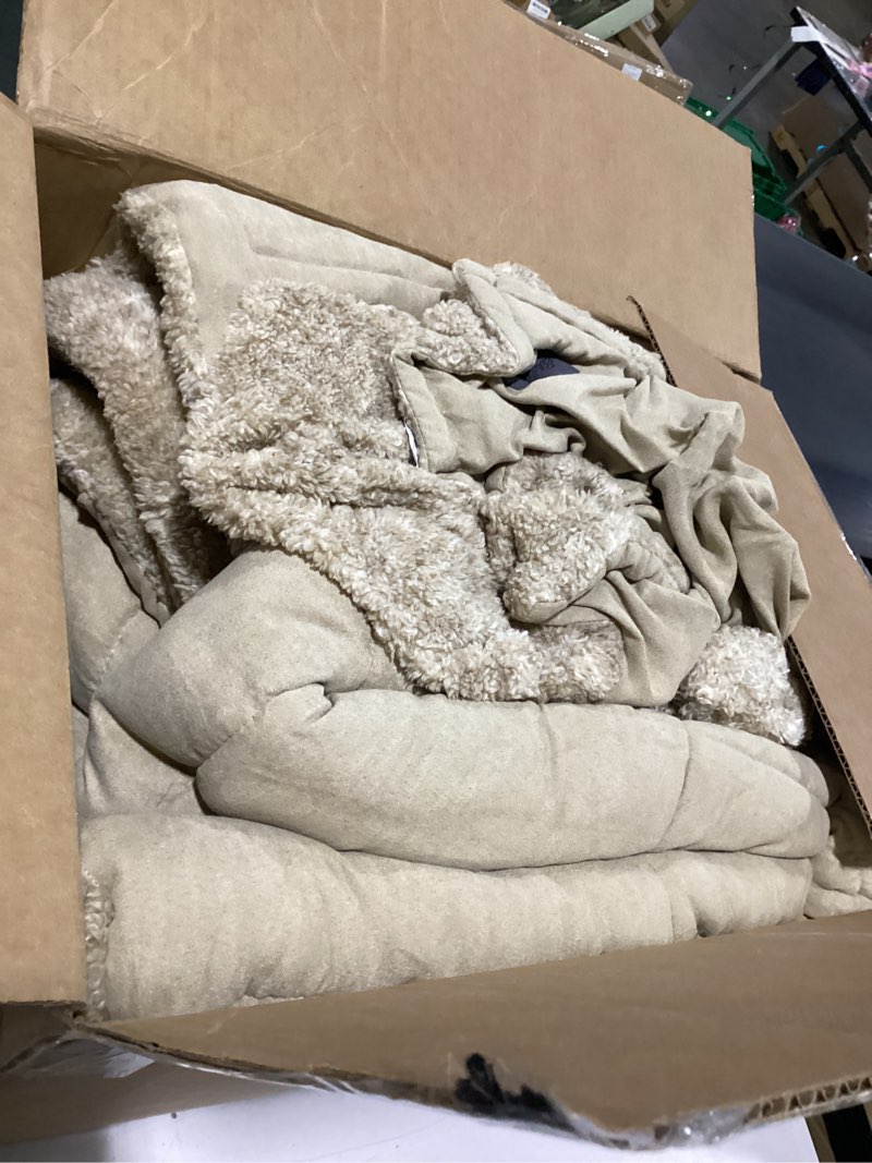 Condition photo showing As Is for eddie bauer - queen comforter set, microsuede bedding with soft sherpa reverse, 3 piece bed set with matching pillowcases (sherwood brown) queen sherwood brown