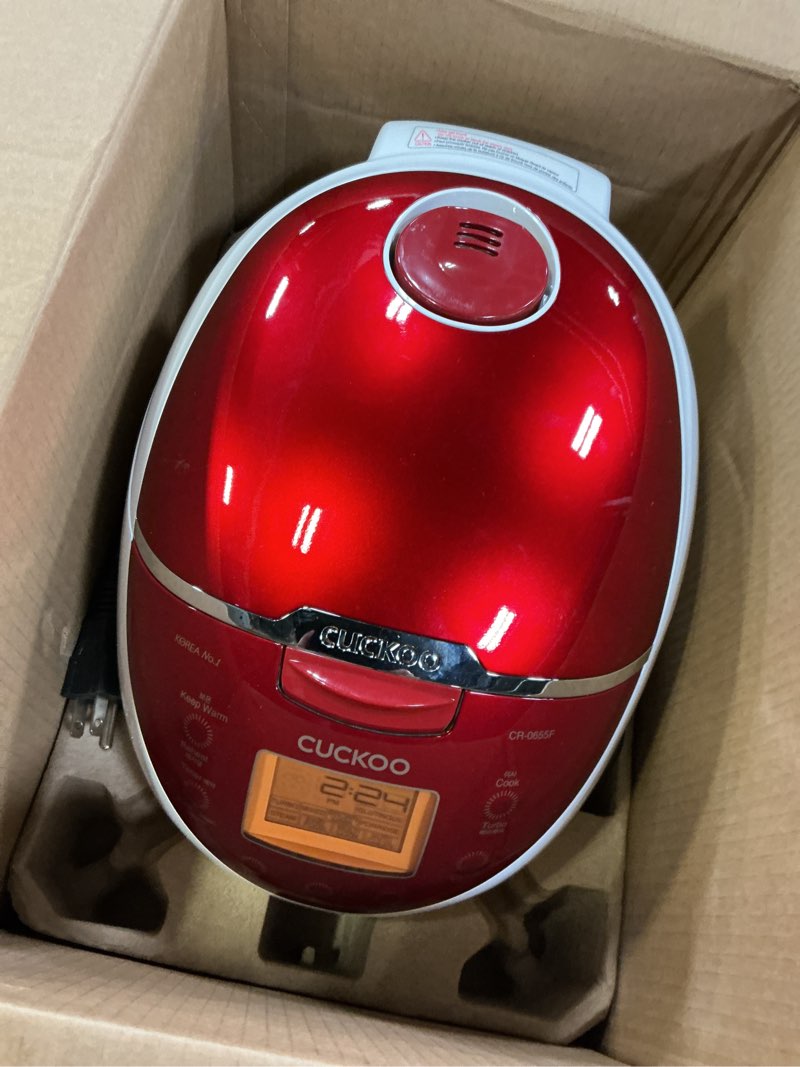 Condition photo showing As Is for CUCKOO Micom Rice Cooker 6 Cup Uncooked / 12 Cup Cooked, Fuzzy Logic Rice Maker with Delay Timer & Keep Warm Setting, Versatile Food Steamer for Cooking, Non-Stick Inner Pot, Red (CR-0655F)