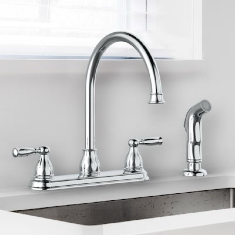 project source brice polished chrome double handle deck-mount kitchen faucet (includes deck plate) (includes side sprayer)