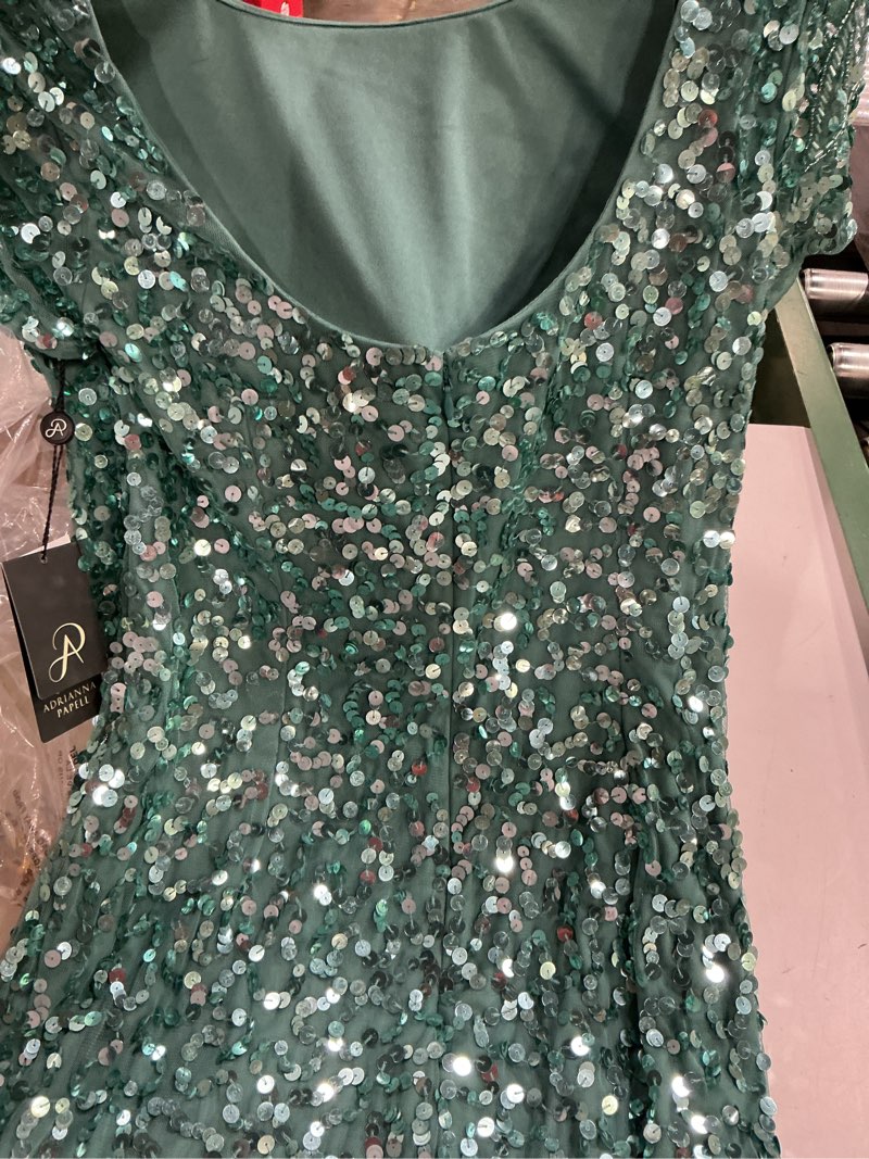 Condition photo showing New/Like New for adrianna papell bead mesh sheath dress standard 10 green slate