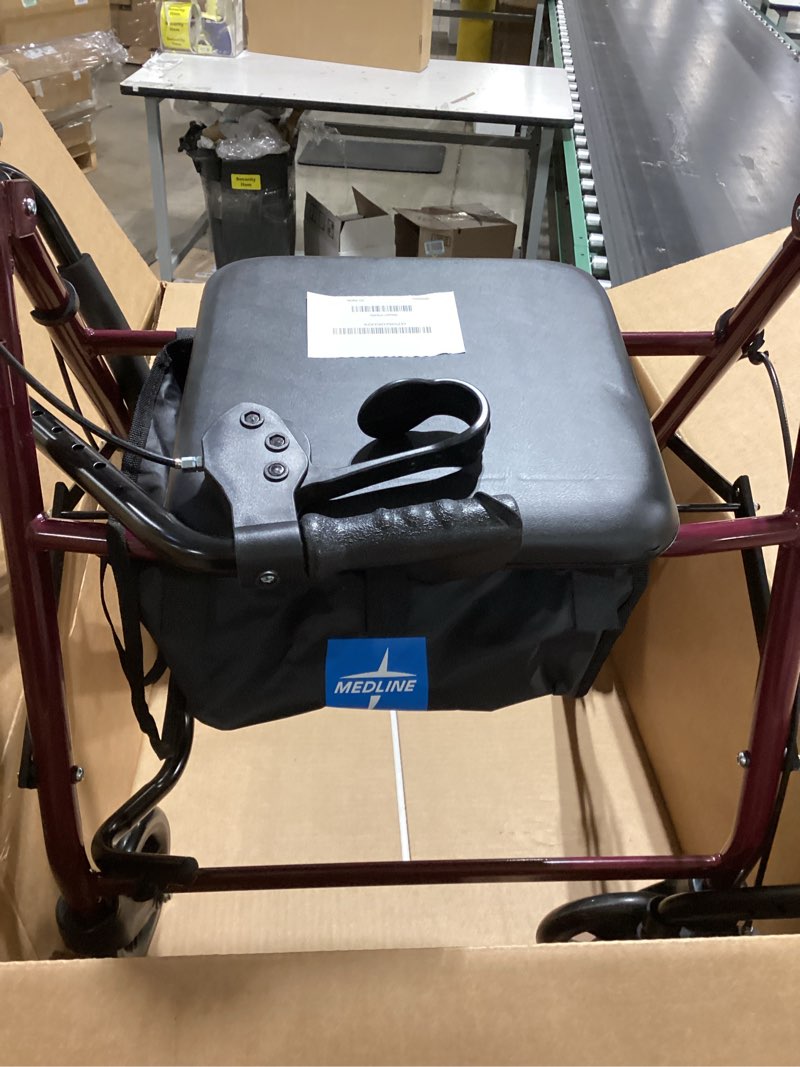 Condition photo showing Good Condition for Medline Superlight Folding Aluminum Mobility Rollator Walker, Red, 250 lb. Weight Capacity, 6" Wheels, Adjustable Arms and Seat, Foldable Rolling Walker for Seniors Burgundy