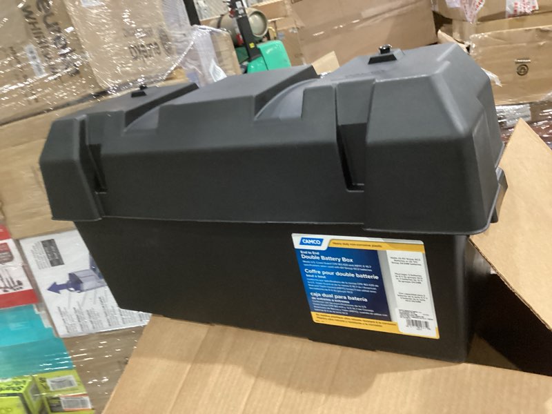 Condition photo showing Good Condition for camco double battery box - safely stores rv, automotive, and marine batteries - features a heavy-duty corrosion-resilient polymer construction and measures inside 21-1/2" x 7-3/8" x 11-3/16" (55375) frustration free packaging double battery box