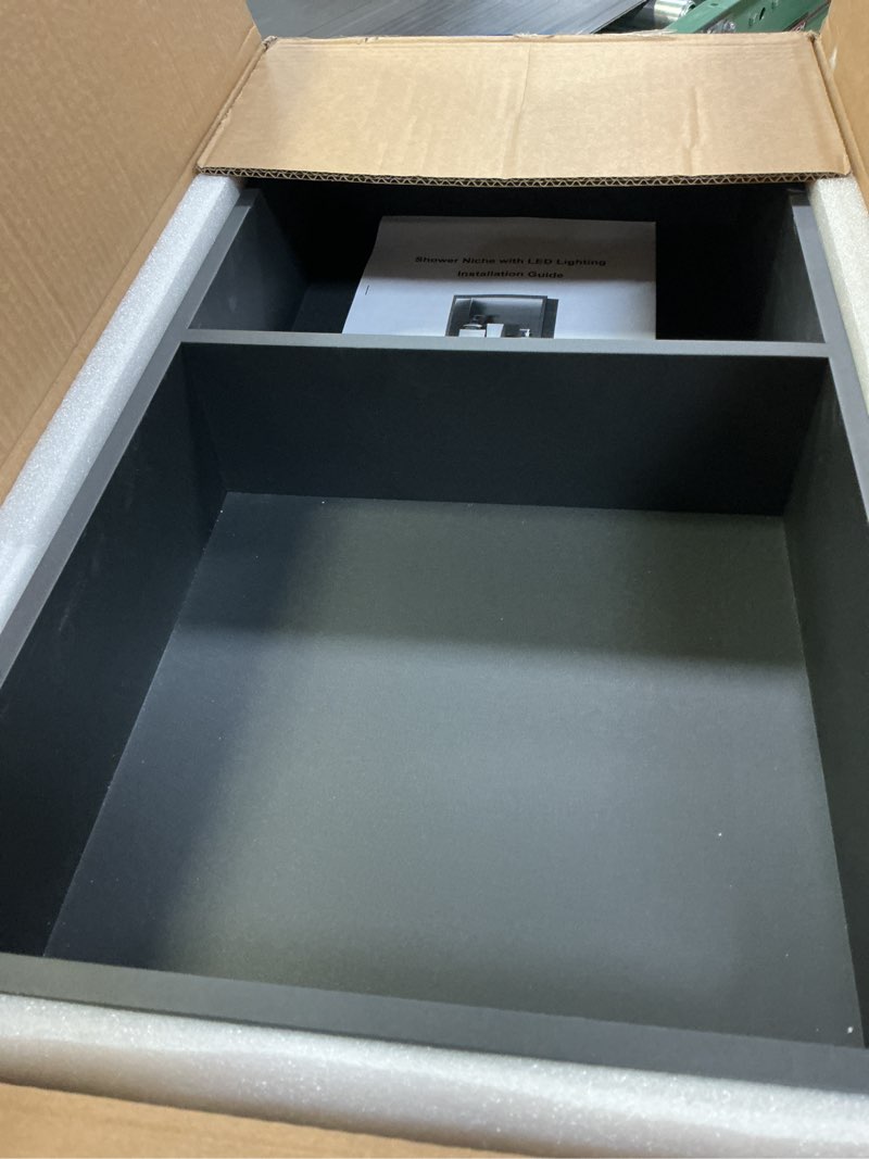 Condition photo showing Good Condition for shower niche, 24" x 12" niche for shower wall, bathroom niches with waterproof led lights, stainless steel recessed wall niches no tile needed & 2-tiers, matte black