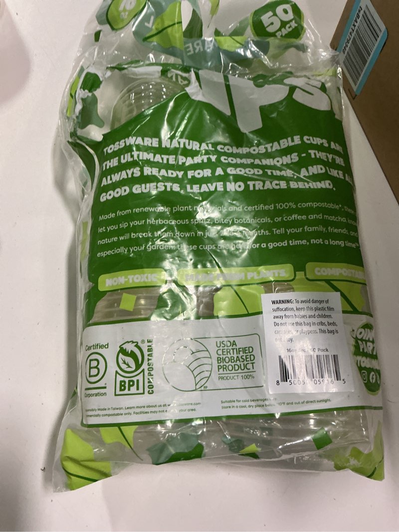 Condition photo showing Good Condition for TOSSWARE NATURAL Arc - Plant Based Clear Cold Cups 16 oz - Plastic Alternative for Parties, Bachelorettes, Weddings - Recyclable - Set of 50
