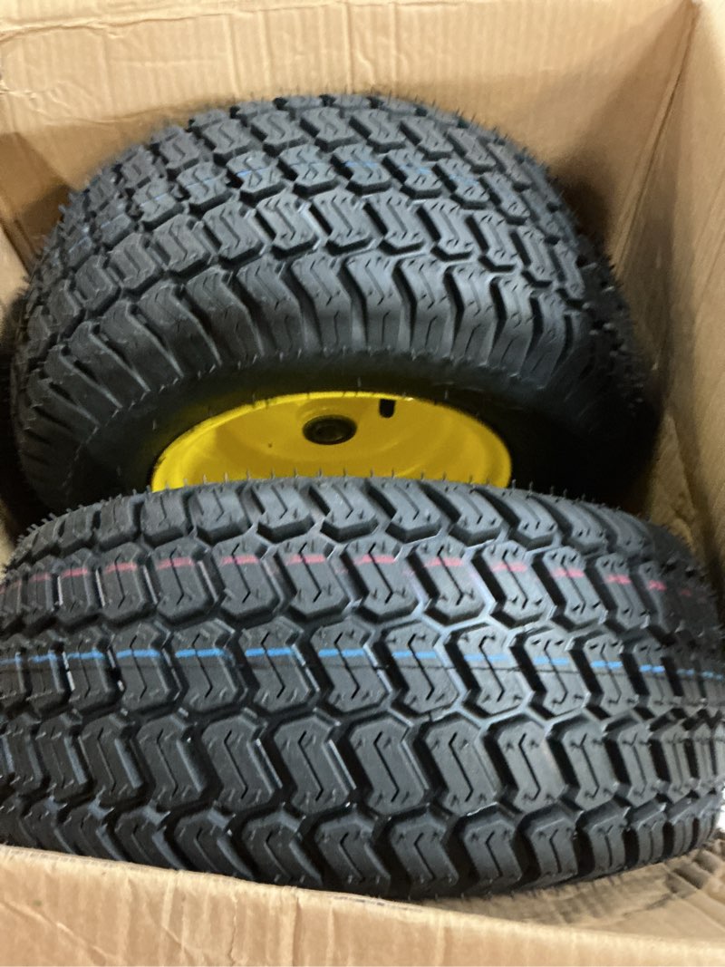 Condition photo showing New/Like New for 2 pack 16x6.50-8 lawn mower tires with rim,16x6.5x8 solid tire with wheel with 3" offset hub 3/4" bushing,4 ply tubeless lawn garden turf tire and wheel assembly for garden tractor riding