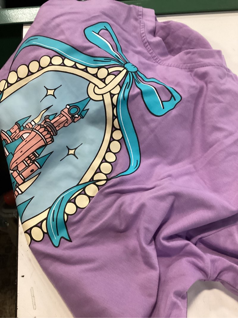 Condition photo showing Good Condition for jusgai magic kingdom tshirts for women cute castle shirt oversized bows graphic tee family vacation short sleeve tops purple small